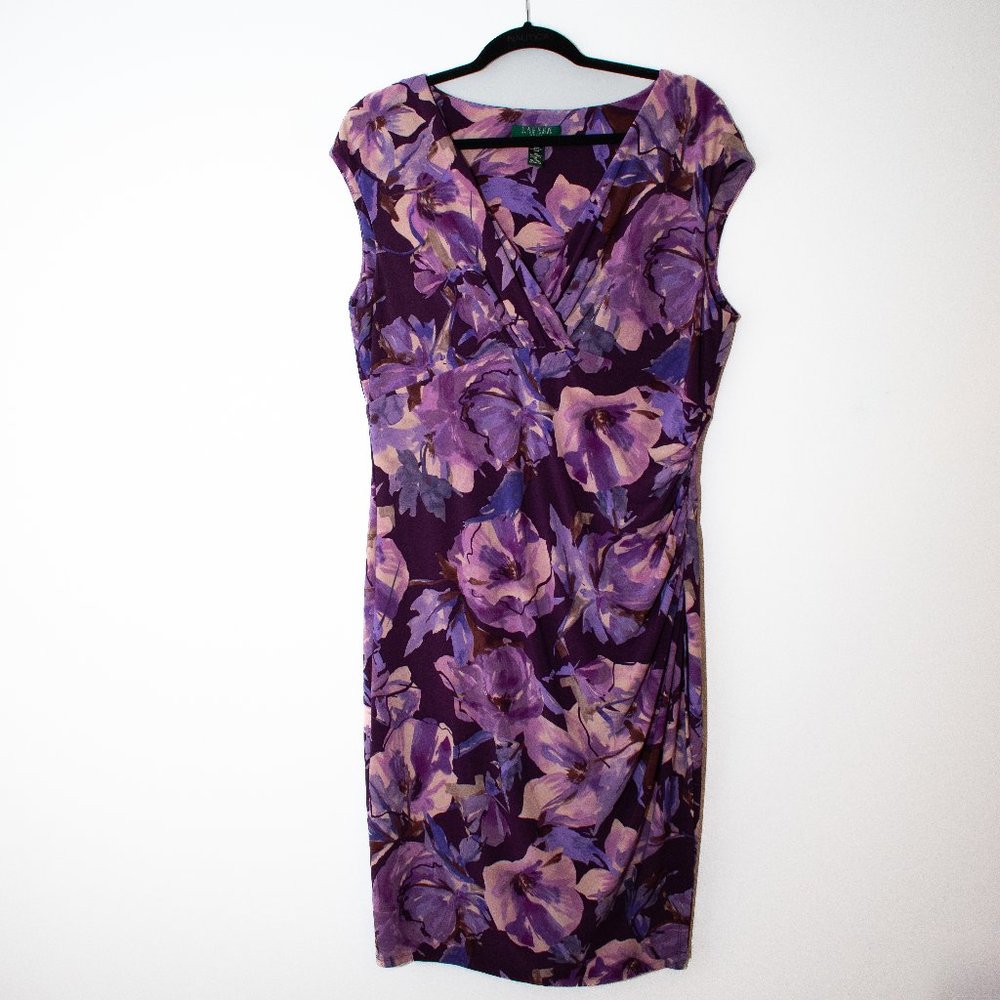 Vintage Lauren by Ralph Lauren Purple Watercolor Floral Dress Size 16